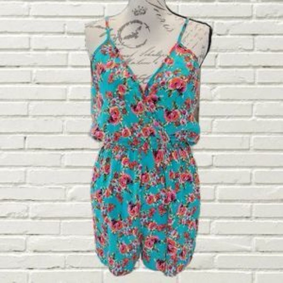Love Culture Pants - Love Culture Vintage Teal & Pink Floral Wide Leg Short V Neck Sleeveless Romper